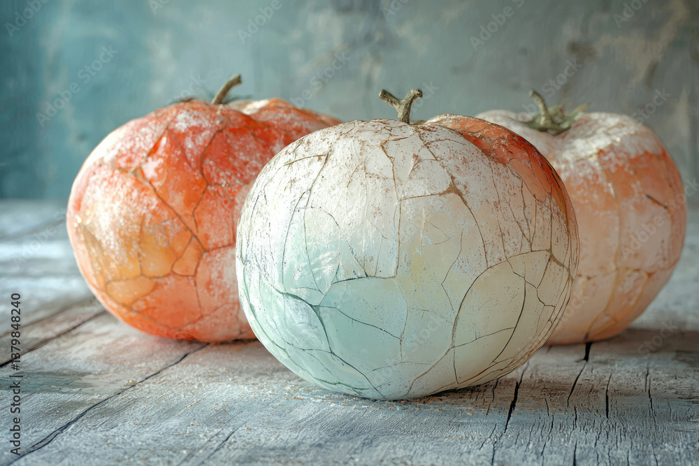 Poster three weathered tomatoes with cracked surfaces rest on a rustic wooden table.