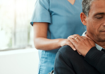 Nurse, senior and man with hand on shoulder for support in retirement home, kindness and trust for...