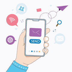 Email Marketing Concept: Person with Megaphone Promoting Red Email Envelope, Laptop, Digital Communication, and Online Promotion Strategy