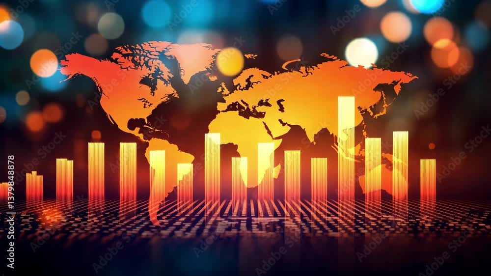 Aufkleber digital world map analysis growth visualization with glowing bars and data technology in vibrant des