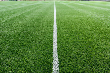 Obraz premium Lush green soccer field with pristine white lines for an exciting match on a sunny day, perfectly maintained grass surface welcoming players for a competitive game in a football stadium
