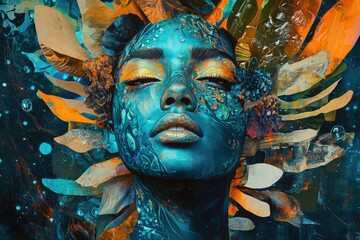 Abstract portrait of a woman, face painted in teal and gold, adorned with floral elements and textured background.