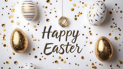 Fototapeta premium Decorative Easter Eggs with Gold Details and Confetti on White Background Texture