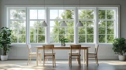 Fototapeta premium Bright and airy dining area with large windows overlooking a natural green landscape, featuring wooden table and chairs for a cozy atmosphere