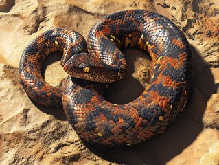 Fototapeta premium Coiled Death Adder Snake in Desert Sand with Intense Gaze