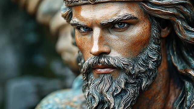 Bronze King statue close up, stern gaze, artistic detail. Possible use Stock photo for fantasy art, historical figures, sculpture