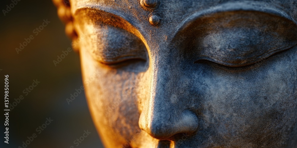 Poster a statue of a face with a serene expression. the statue is made of stone and is placed in a natural 