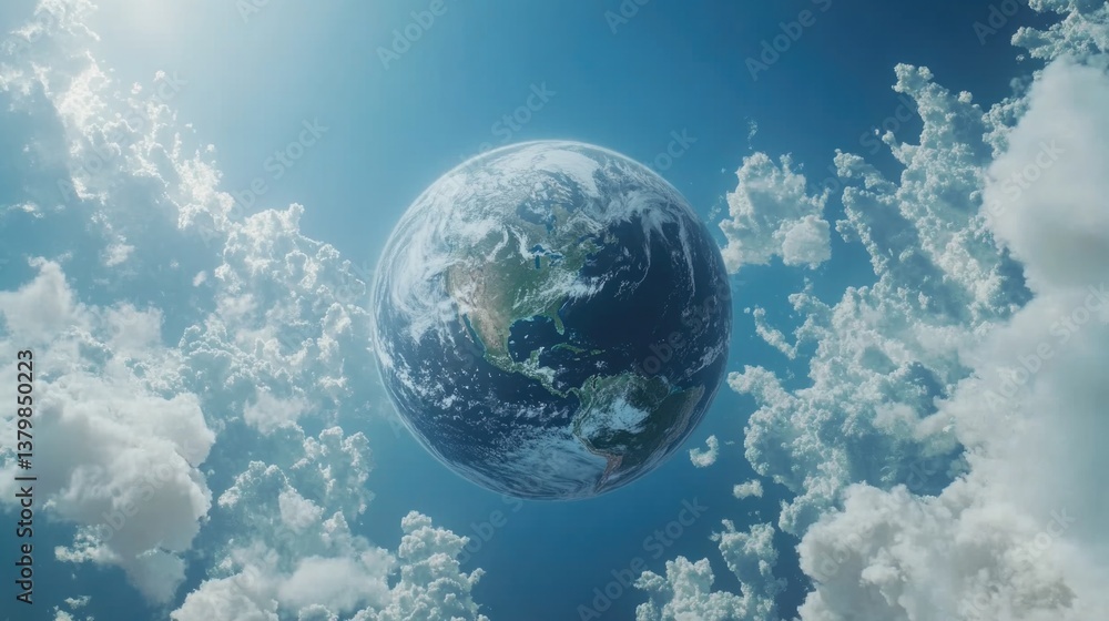 Poster a blue and white planet is floating in the sky above a cloudy backdrop. the planet is surrounded by 