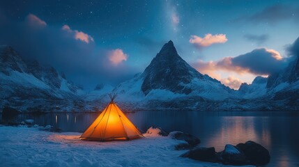 Stunning winter night at a tranquil campsite with a glowing tent beside a calm lake surrounded by majestic mountains