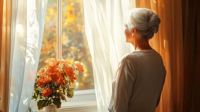 Elegant senior woman with gray hair looking out of hotel window with soft smile, dressed in mustard yellow, capturing peaceful moment of travel, reflection and graceful aging