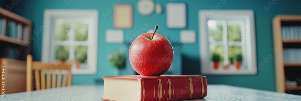 Poster a red apple sits on top of a book on a table. the apple is the center of attention and the book is p
