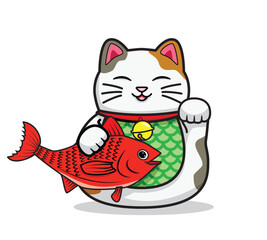 Cute smiling Japanese lucky cat called Maneki Neko holding The red fish represents abundance and prosperity drawing in colorful cartoon vector