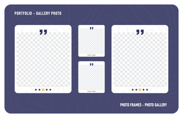 Modern digital template with four white rectangular frames on a dark navy blue textured background. Transparent frames with gold stars, ideal for portfolios, galleries, and creative displays