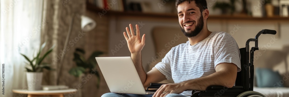 Aufkleber a man in a wheelchair is smiling and waving at the camera while using a laptop. concept of warmth an