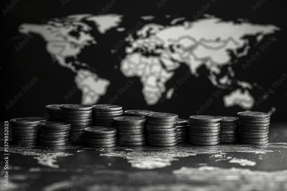 Poster a pile of coins is on a table in front of a map of the world. the coins are stacked in a pyramid sha