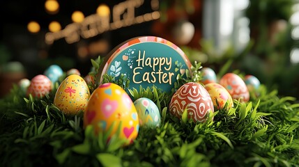 Happy Easter Message with Decorated Colorful Eggs among Green Grass & Leafy Background