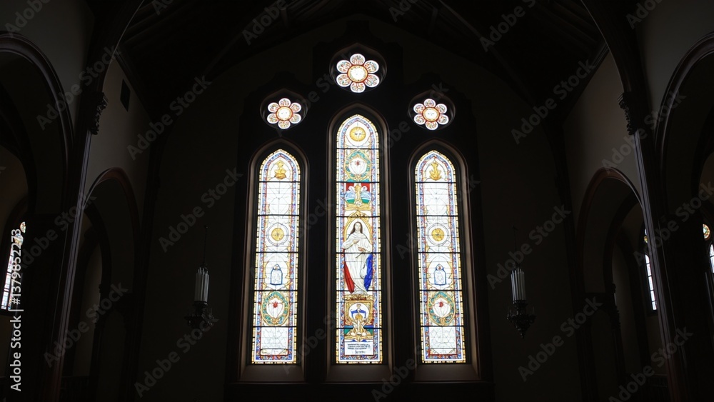 Poster vibrant sunlight filtering through colorful stained glass windows creating a stunning spectrum of co