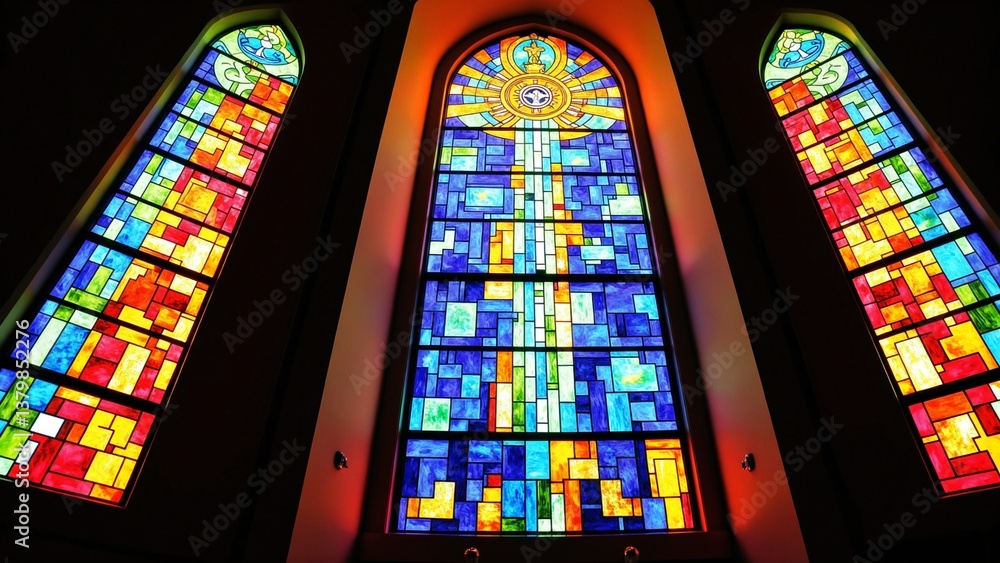 Poster vibrant sunlight filtering through colorful stained glass windows creating a stunning spectrum of co