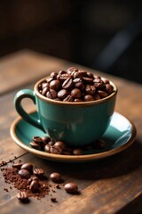 Wooden table with old coffee cup filled with espresso beans and a few coffee grounds on the surface , vintage, warm, antique