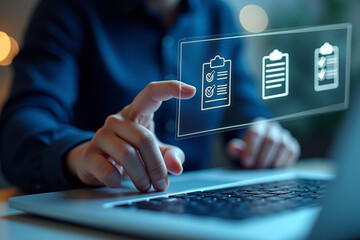 Document management concept, check electronic documents on digital documents on virtual screen Document Management System and process automation to efficiently document paperless operate, document