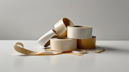 Pile of sticky tape lies on table, background.