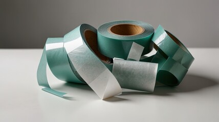 Pile of sticky tape lies on table, background.