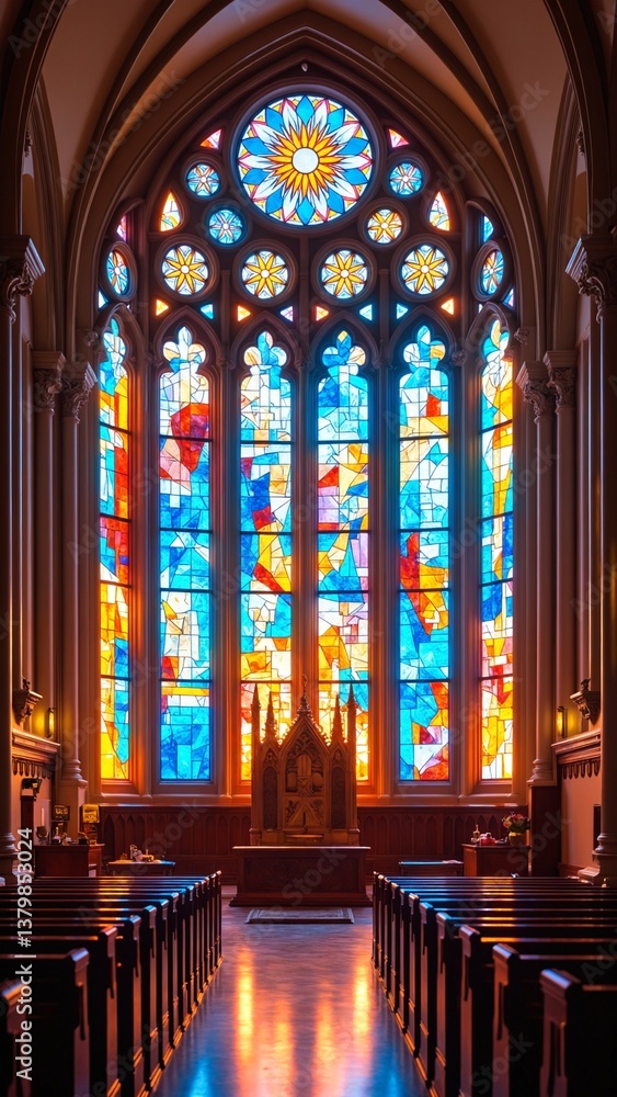Poster vibrant sunlight filtering through colorful stained glass windows creating a stunning spectrum of co
