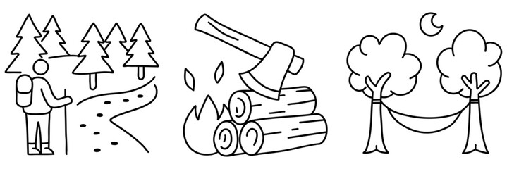 camping Hiking trail through trees, campfire with logs, and hammock between trees create serene outdoor experience © nattapon98