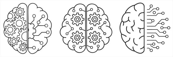 Illustration of a brain divided into mechanical and digital sections.