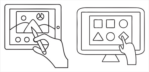 Hands interacting with digital devices displaying graphics and shapes.