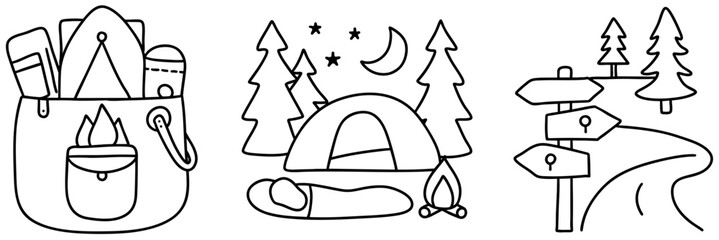 Camping gear tent sleeping bag campfire nature outdoor adventure hiking trail forest © nattapon98