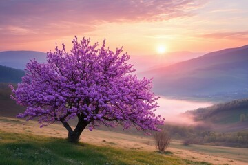 Beautiful blooming cherry tree on a hill during colorful spring sunrise