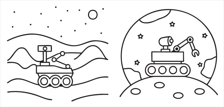 Robot explorers on distant planets, designed for coloring activities.