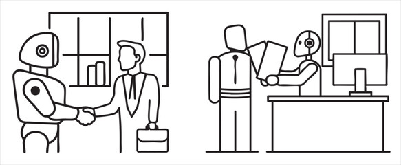 Robots interacting with humans in a business environment, showcasing technology's role in the workplace.
