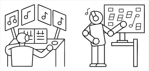 Illustration of a music producer working at a desk with screens and a mixer.