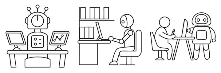 Robotic figures engaged in various tasks at desks, illustrating technology and work environments.