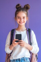 Naklejka premium A young girl is smiling and holding a cell phone in her hand. She is wearing a white shirt and blue jeans, and her hair is styled in pigtails. Concept of happiness and youthfulness