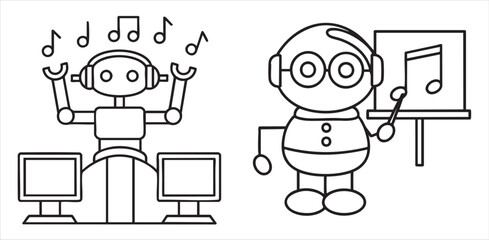 Two cartoon robots engaged in music-related activities with musical notes and screens.