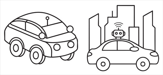 Illustration of robotic cars in an urban setting with buildings.
