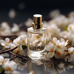 Luxury perfume bottle with golden cap surrounded by blooming white cherry blossoms
