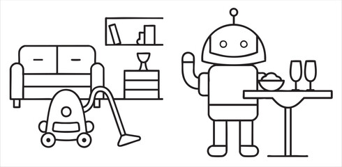 Robot vacuum and helper in a modern living room setting with furniture and drinks.