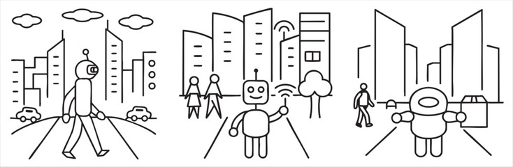 Drawn scenes of robots and people in a cityscape with buildings and vehicles.