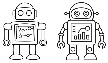 Two cartoon robots with screens, showcasing technology and data visuals.