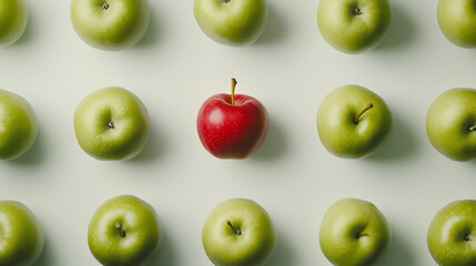 Outstanding red apple among green apples kitchen counter food photography minimalist style top-down view