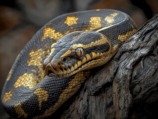 Obraz premium Diamond Python Coiled on a Branch Close Up with Sharp Focus