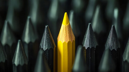 Out standing yellow pencil among black ones artistic studio close-up view creative concept