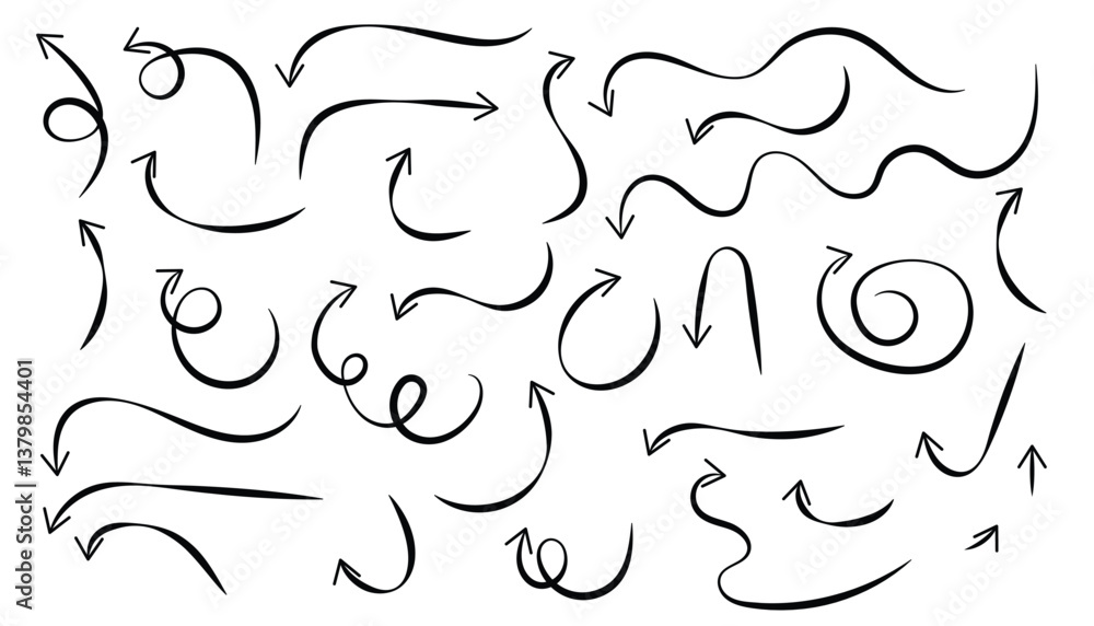Fototapete set of black arrow with curve shape. hand drawn arrow lines. curved and straight arrow icon vector. 