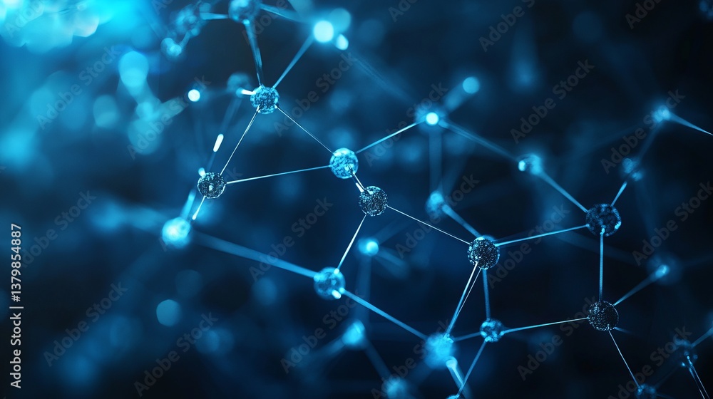 Poster a close up of a blue network with spheres and lines connecting them in a dark environment