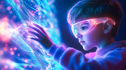 A kid boy interacts with a neural network display. The concept of early learning, future technology, and the curiosity-driven exploration of AI. Generative AI.