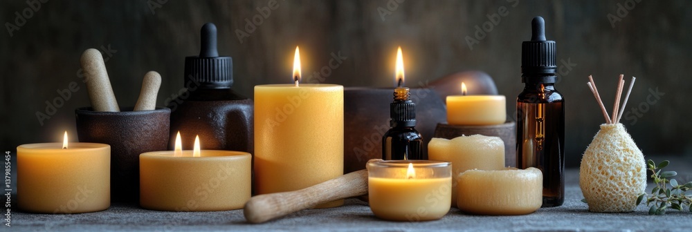 Aufkleber a collection of candles and oils are arranged on a table. the candles are lit and the oils are in bo